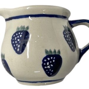VINTAGE Polish Boleslawiec Pottery Hand-Painted Creamer W/Strawberries & Handle.